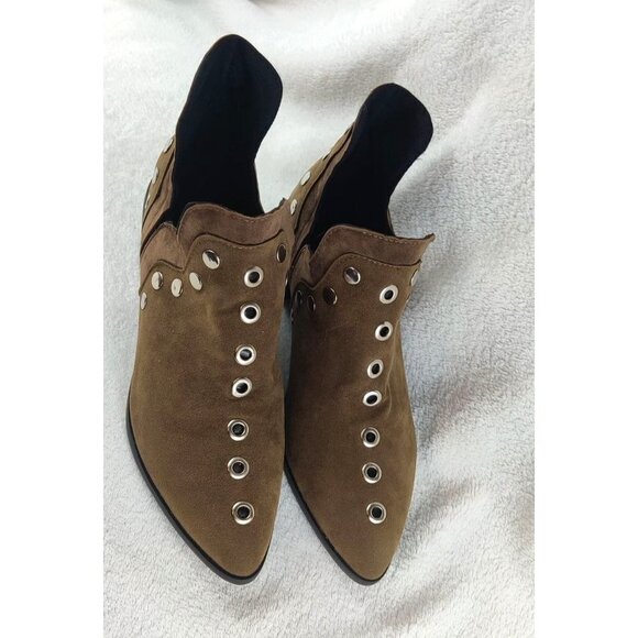 Studded Shoe Boot Two-Tone Brown Faux Leather Silver Studs Medium Block Heel - Picture 3 of 13